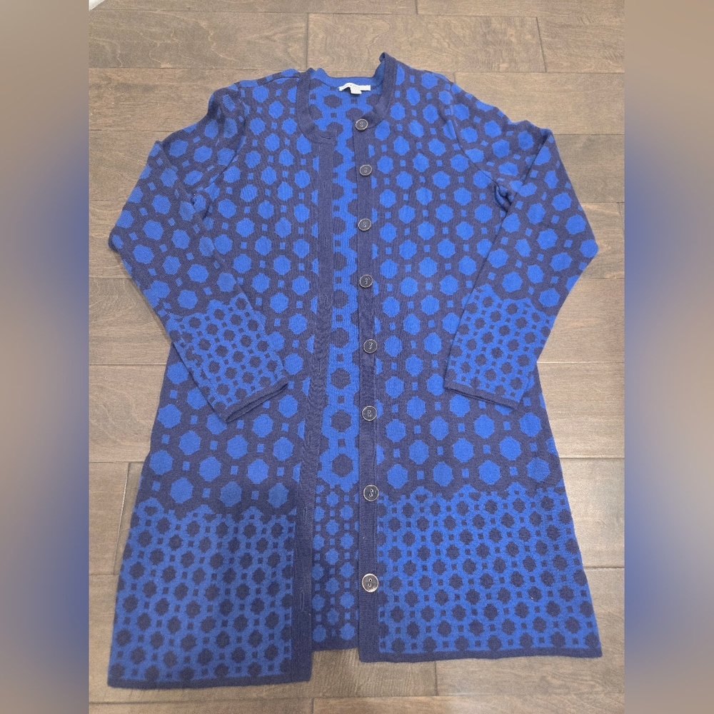 Isaac Mizrahi LIVE Blue Cardigan Size Small, Geometric Long Sweater, Blue